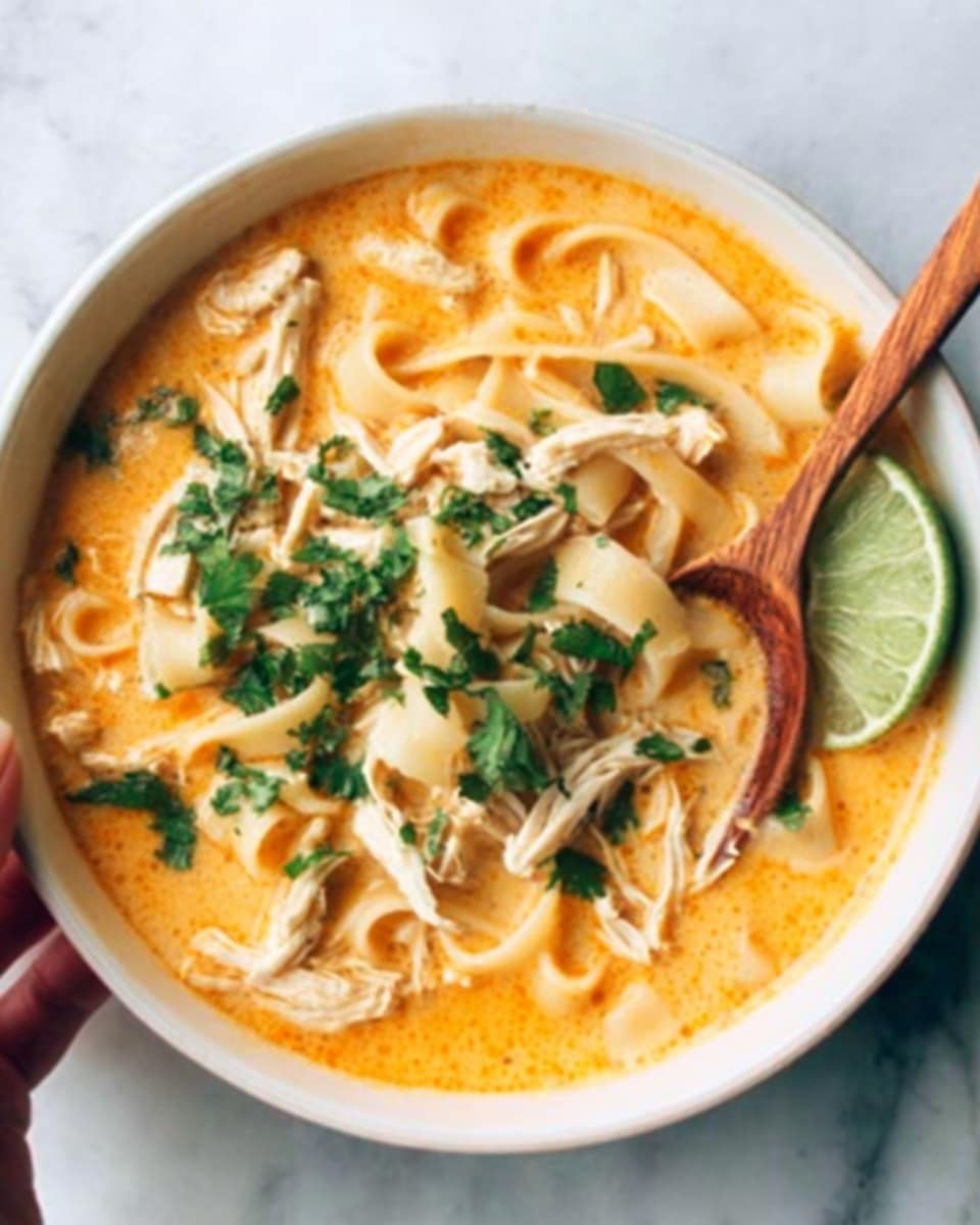 The image shows a white bowl filled with creamy orange soup. Inside the soup, there are flat noodles that look soft and slightly curled, mixed with pieces of shredded white chicken. The top is sprinkled with fresh green herbs, and a slice of lime rests on the edge of the bowl. A wooden spoon is placed inside, held by a woman's hand, partially submerged in the soup. The bowl sits on a white marbled surface. photo taken with an iphone --ar 4:5 --v 7