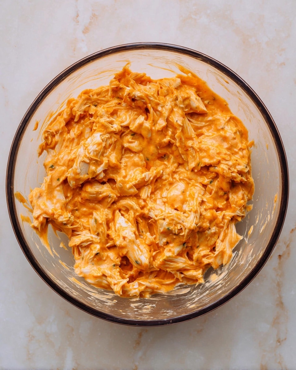 A transparent glass bowl sits on a white marbled surface, holding shredded chicken mixed with a thick orange sauce. The chicken is pulled into small pieces, coated evenly in the creamy, bright orange mixture that has a smooth texture with slight chunks visible throughout. The bowl’s rim is dark, creating contrast with the soft colors inside and the light surface below photo taken with an iphone --ar 4:5 --v 7