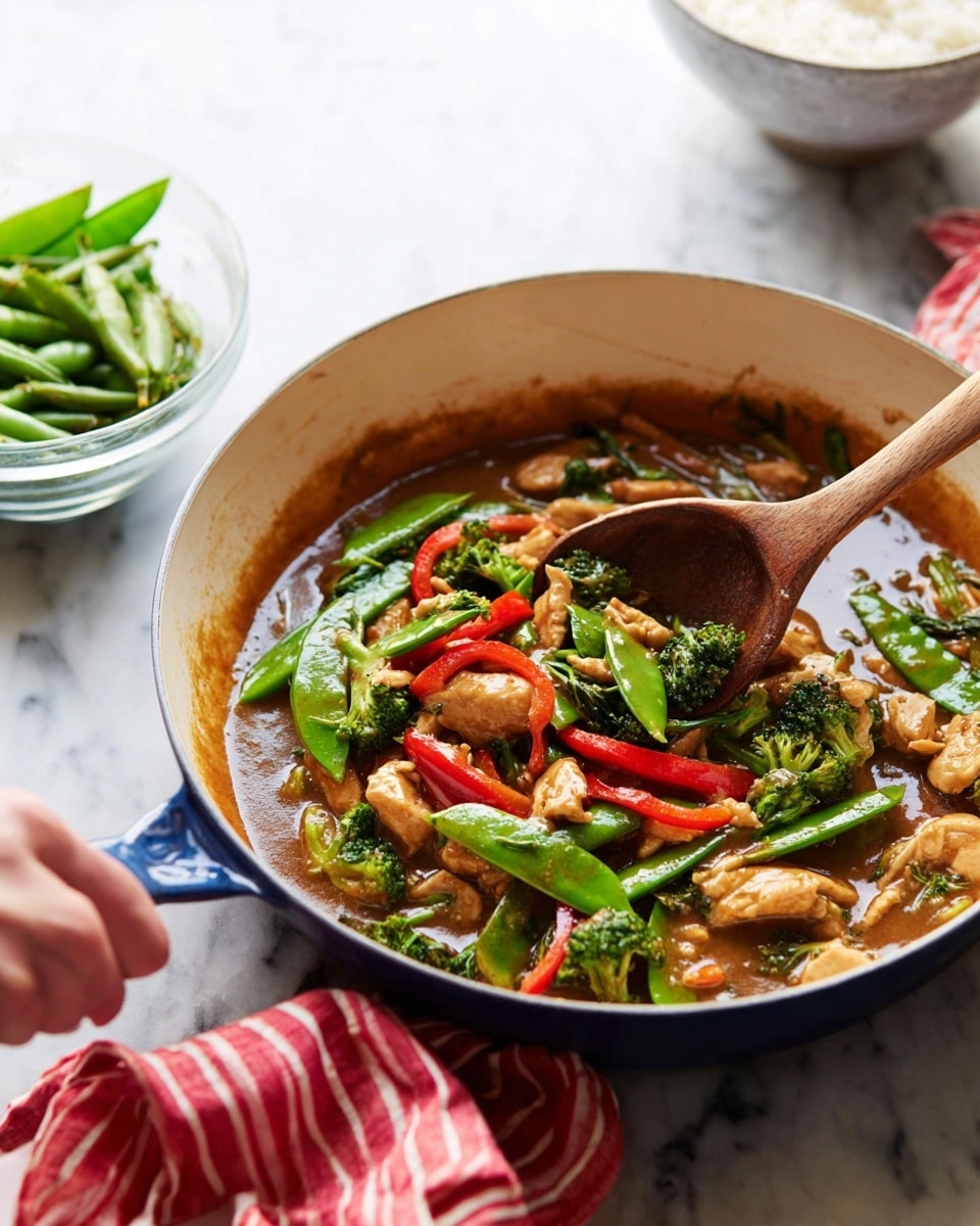 A deep white pan holds a colorful stir-fry with three main layers: the bottom layer is a glossy brown sauce with a smooth texture, the middle layer shows a mix of bright green snow peas and broccoli, and the top layer has pieces of light brown cooked chicken mixed with thin red bell pepper strips. A wooden spoon rests inside the pan, scooping some stir-fry, with a woman’s hand slightly holding the handle from the left side. In the background, a clear small glass bowl with green beans sits on a white marbled surface, along with a white bowl of rice. A red and white striped cloth is placed in the lower left corner, adding a cozy touch, photo taken with an iphone --ar 4:5 --v 7