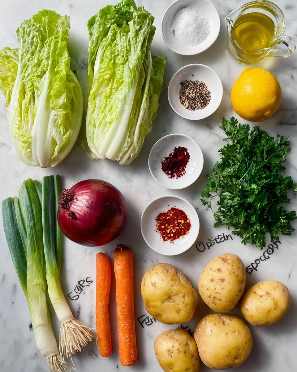 The image shows a white marbled surface with fresh ingredients spread out neatly. At the top left, there are two long, crisp, green romaine lettuce leaves with visible veins. To the right, four small white bowls hold different spices: white salt with a coarse texture, black pepper with a grainy look, dark red sumac powder finely ground, and bright red paprika flakes that appear slightly coarse. Below the bowls, a bunch of fresh green parsley sits on the right side with leafy texture. Near the center, there is a medium-sized reddish onion with shiny skin and a bright orange carrot next to it. On the bottom right, four yellowish-brown potatoes with smooth skin are grouped together. To the left, three green onions with long, straight bright green stalks and white bulbs are placed next to a bright yellow lemon. A small clear glass jug with olive oil, shiny yellow liquid inside, is also on the surface. Photo taken with an iphone --ar 4:5 --v 7