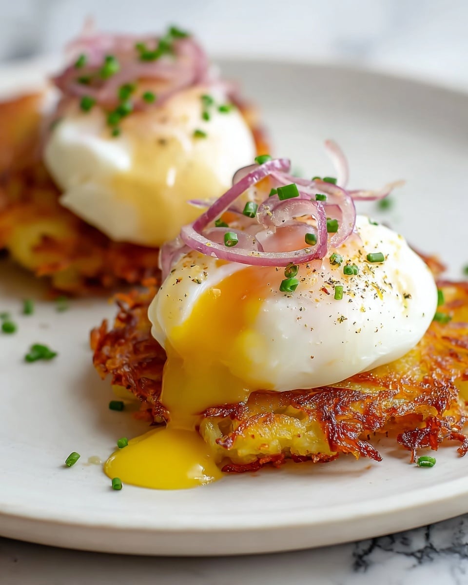 The image shows a close-up of two crispy, golden brown potato pancakes on a white plate with a white marbled surface in the background. Each pancake is topped with a soft, white poached egg, with the yolk slightly visible and soft, oozing a little yellow sauce over the top pancake's edge. On top of the eggs and pancakes are thin slices of red onion and small green chives, adding texture and color contrast. Some seasoning with small bits of herbs and spices is scattered over the eggs, enhancing the visual appeal. The photo taken with an iphone --ar 4:5 --v 7