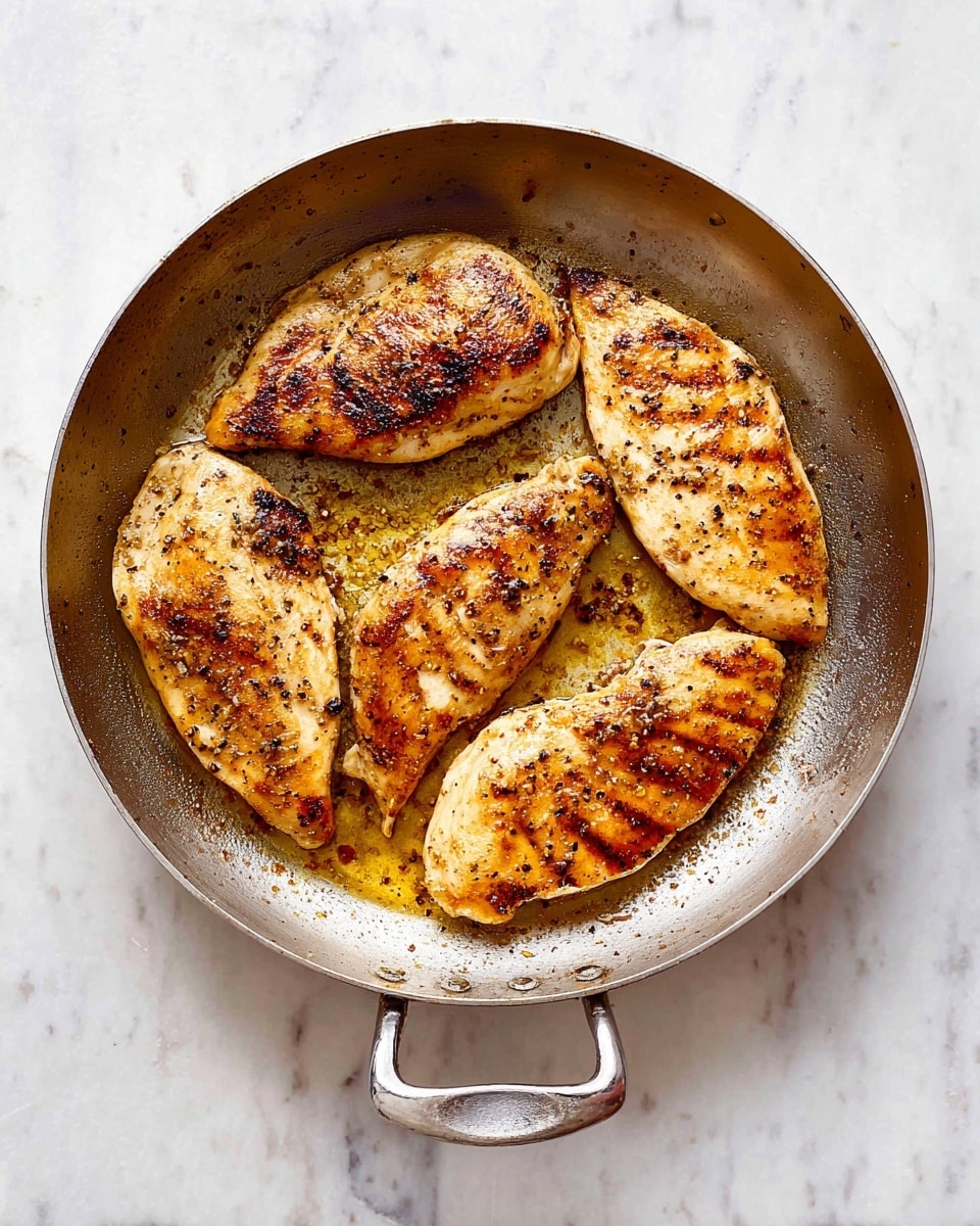 Four cooked chicken pieces with brown grilled lines and golden edges lie flat inside a round metal pan with two handles on a white marbled surface. The chicken pieces show a mix of light golden and darker brown crisp areas with small seasoning specks on top. The pan contains some oil and small browned bits around the chicken, giving a slightly shiny texture. The top-down view captures the simple and warm look of the cooked chicken. photo taken with an iphone --ar 4:5 --v 7