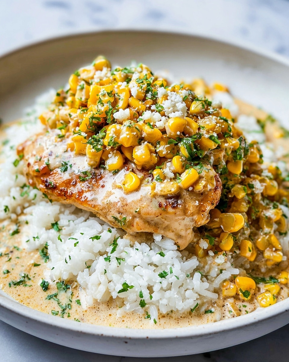 A white plate on a white marbled surface holds a dish with three layers. The bottom layer is white rice with a slightly fluffy texture and some tiny green herb pieces sprinkled in. The middle layer is a browned chicken piece with a light golden crust visible under a creamy sauce. The top layer is a mix of small, bright yellow corn kernels in a thick creamy sauce with small green herb bits and small white crumbly cheese sprinkled over everything, adding texture and color contrast. photo taken with an iphone --ar 4:5 --v 7