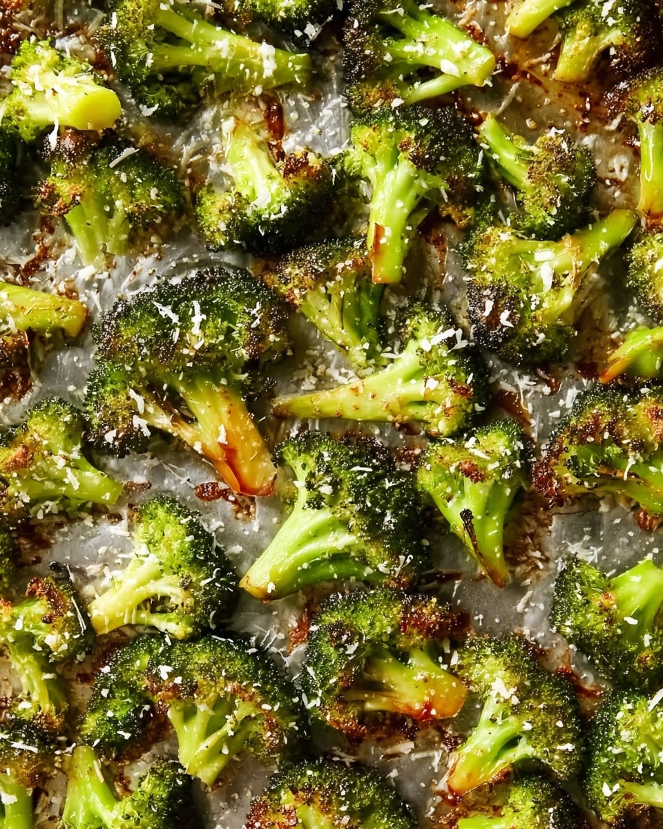 The image shows a close-up view of many roasted broccoli florets spread evenly on a baking sheet. Each floret has a bright green base with golden brown edges from roasting, sprinkled lightly with white grated cheese and small bits of seasoning. The background is a white marbled texture under the baking sheet. photo taken with an iphone --ar 4:5 --v 7