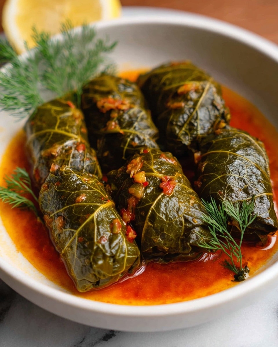 A white bowl holds five dark green rolled stuffed leaves arranged closely, each with visible veins and wrinkles. The rolls are covered in a glossy red-orange sauce with small bits of vegetables spread unevenly on top and around them. To the side of the bowl, two small sprigs of fresh dill and a lemon wedge are placed, adding a pop of green and yellow. The bowl sits on a white marbled surface with a blurred background, showing part of a lemon slice. The scene has warm lighting showing texture and shine on the food. Photo taken with an iphone --ar 4:5 --v 7