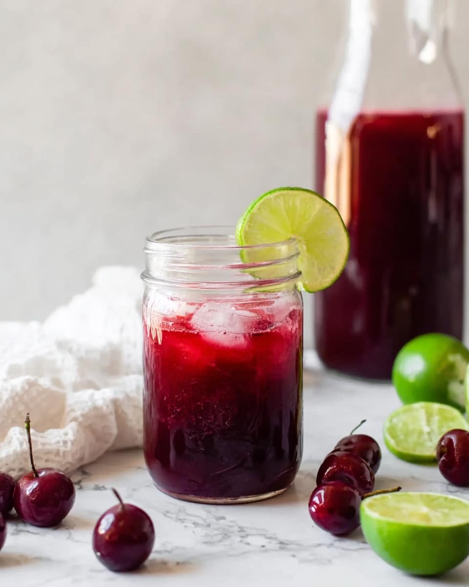 A clear glass jar filled with dark red cherry juice, topped with ice cubes, sits in the center. A green lime slice is placed on the rim of the jar. Around the jar, there are whole dark red cherries and halved green limes on a white marbled surface. In the background to the right, there is a tall clear glass pitcher filled with the same dark red juice. A white cloth is casually placed near the jar. The scene has a bright, clean look. photo taken with an iphone --ar 4:5 --v 7