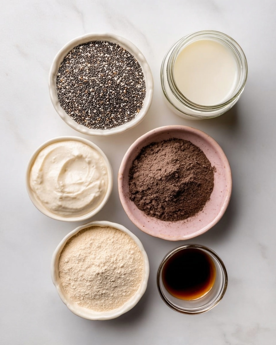 The image shows six small bowls and a glass jar arranged neatly on a white marbled surface. One bowl is filled with black chia seeds with white specks, another contains smooth white cream with a thick texture. A third bowl holds dark brown powder, while a fourth pink bowl is filled with a light beige flour. The last small bowl has dark brown liquid, and the glass jar at the top is filled with white milk. All bowls are white except the pink one, and the scene is lit with soft, natural light, creating a clean and organized look. Photo taken with an iphone --ar 4:5 --v 7