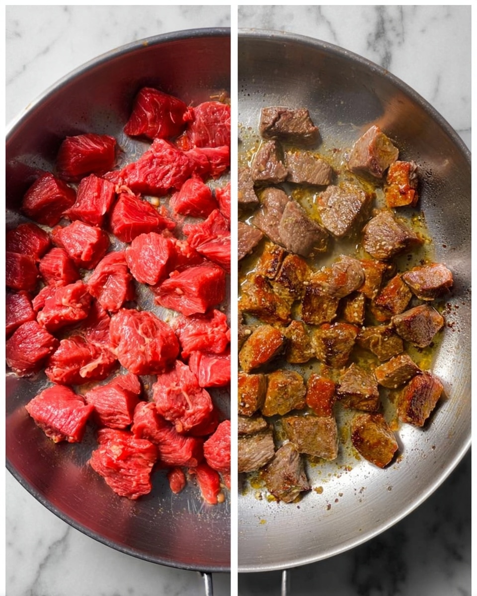 The image shows two close-up views of small pieces of meat cooking in a metal pan. On the left side, the raw meat is bright red and spread evenly across the pan's surface. On the right side, the same pieces have changed to a cooked look, with a golden to dark brown color and a slightly crispy texture on many pieces. The pan has some oil or cooking juices visible around the meat. The background surface under the pan is a white marbled texture photo taken with an iphone --ar 4:5 --v 7