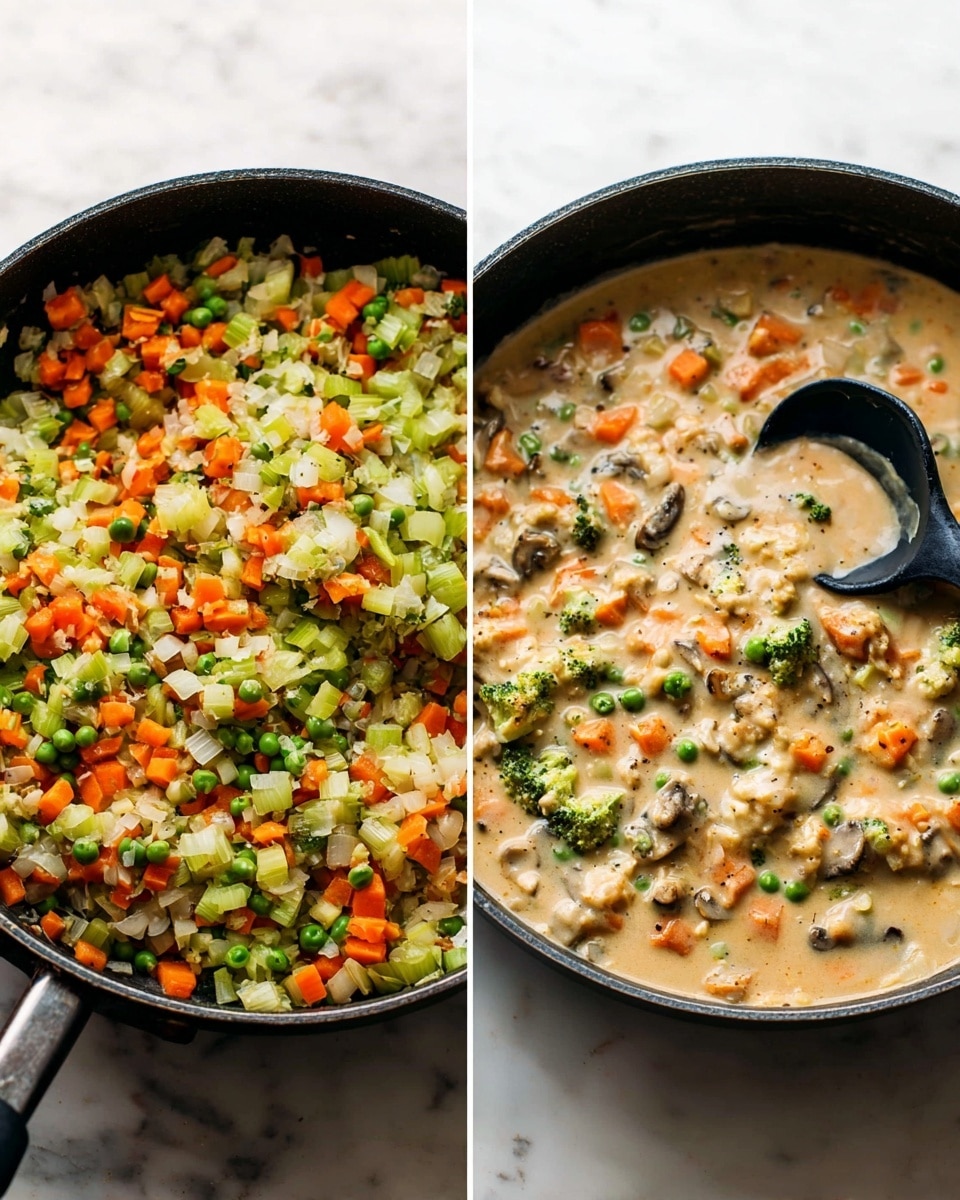 The image shows two stages of a vegetable dish cooked in a black pan. On the left side, the pan contains a mix of finely chopped vegetables with colors including light green celery, orange carrots, white onions, and small pieces of light brown mushrooms. The vegetables appear sautéed with a slight browning texture. On the right side, the same pan shows the vegetables now mixed into a creamy, thick light beige sauce, with visible pieces of green peas, orange carrots, green broccoli, and mushrooms, giving a rich and chunky texture. A black spoon is dipped in the creamy mixture on the right side. The background is a white marbled texture photo taken with an iphone --ar 4:5 --v 7