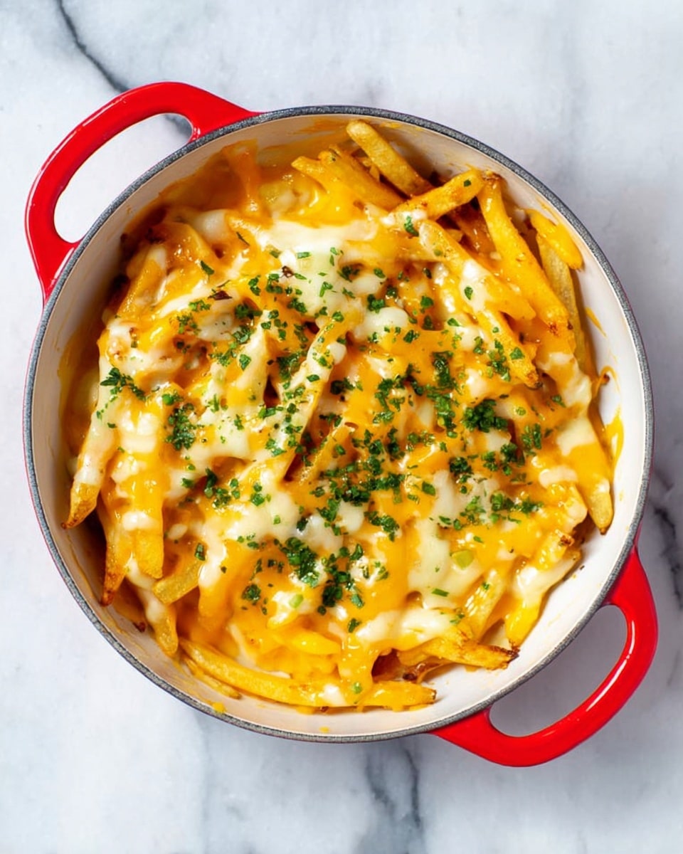 A round white enamel pot with red handles is filled with two layers of golden yellow fries covered in melted cheese sauce. The top layer of fries is more visible with bright orange melted cheese spread unevenly across them, and small bits of chopped green herbs sprinkled on top. The dish sits on a white marbled surface. Photo taken with an iphone --ar 4:5 --v 7