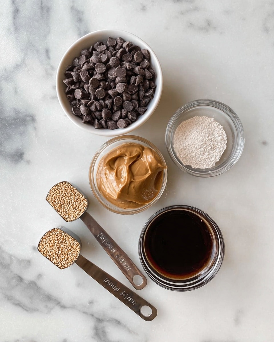 The image shows five small containers with ingredients on a white marbled surface. There is one white bowl filled with dark chocolate chips in the top left, and a small clear glass bowl with a white powder in it near the top right. Below the glass bowl to the right is another clear glass bowl holding a dark brown liquid. To the left of this bowl are two metal measuring spoons; one holds light brown sesame seeds and the other is filled with a creamy light brown paste. The containers and spoons are arranged close to each other in a loose circular shape. Photo taken with an iphone --ar 4:5 --v 7