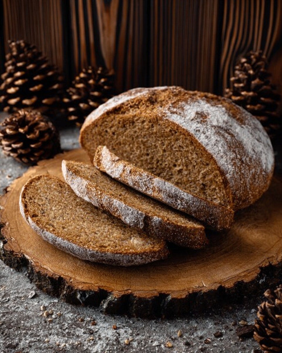 The image shows a round rustic loaf of brown bread resting on a thick, round wooden board with natural bark edges. Three slices of the same bread are placed in front of the loaf, each slice showing a dense texture with small grains and seeds, and a slightly rough brown crust dusted with white flour. The background includes dark brown wooden planks and scattered pine cones, while the surface is a white marbled texture. photo taken with an iphone --ar 4:5 --v 7