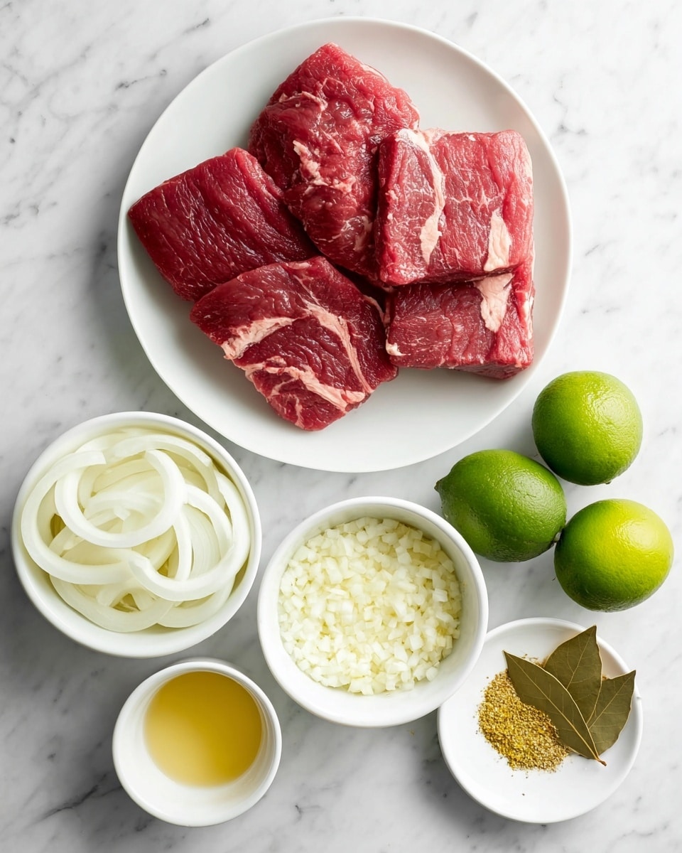 The image shows a white plate with four thick, raw red meat pieces that have some white marbling, placed near the top center on a white marbled surface. Below the plate, from left to right, there is a white bowl filled with white onion rings, a small white round bowl with a light yellow liquid, a similar bowl containing a yellow-green spice mix, and another bowl with finely chopped white garlic. To the right of these bowls are two whole green limes and a small white dish with two dry bay leaves. The composition is neat and brightly lit, showing fresh ingredients clearly. Photo taken with an iphone --ar 4:5 --v 7