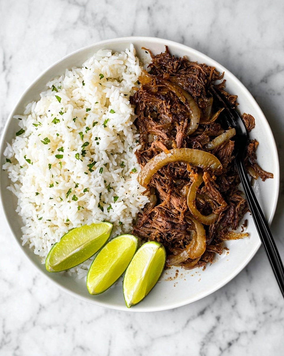 The dish shows a white round plate on a white marbled surface, with two main layers side by side. On the left, there is a heap of fluffy white rice sprinkled with small bits of green herbs. On the right, there is a generous serving of shredded dark brown meat mixed with sautéed translucent onion slices, giving a slightly glossy texture. Three bright green lime wedges are placed at the bottom center of the plate, slightly overlapping the meat and rice. A black fork rests on the right edge of the plate, pointing inward. Photo taken with an iphone --ar 4:5 --v 7