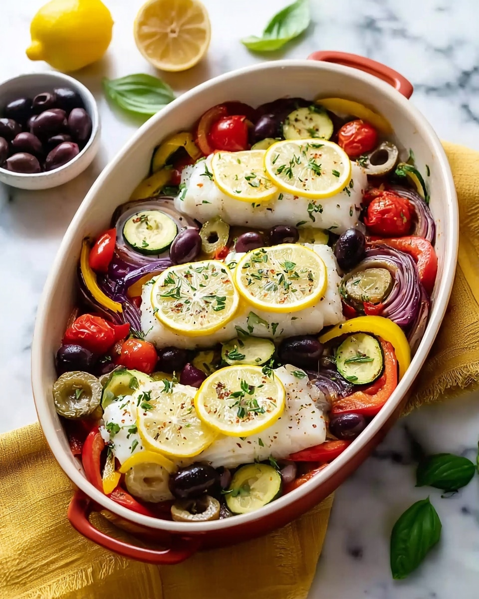 On a white plate, there is a colorful dish with three main layers. The bottom layer shows green zucchini slices and red cherry tomatoes, both with a roasted texture. On top of that are pieces of purple-red onion slices and black olives scattered around for color contrast. The main middle layer features a white cooked fish fillet placed in the center. The top layer has two slices of grilled lemon, garnished with small green herb bits. The plate sits on a white marbled surface with a small white bowl of olives blurred in the background and a few green basil leaves scattered nearby. Photo taken with an iphone --ar 4:5 --v 7
