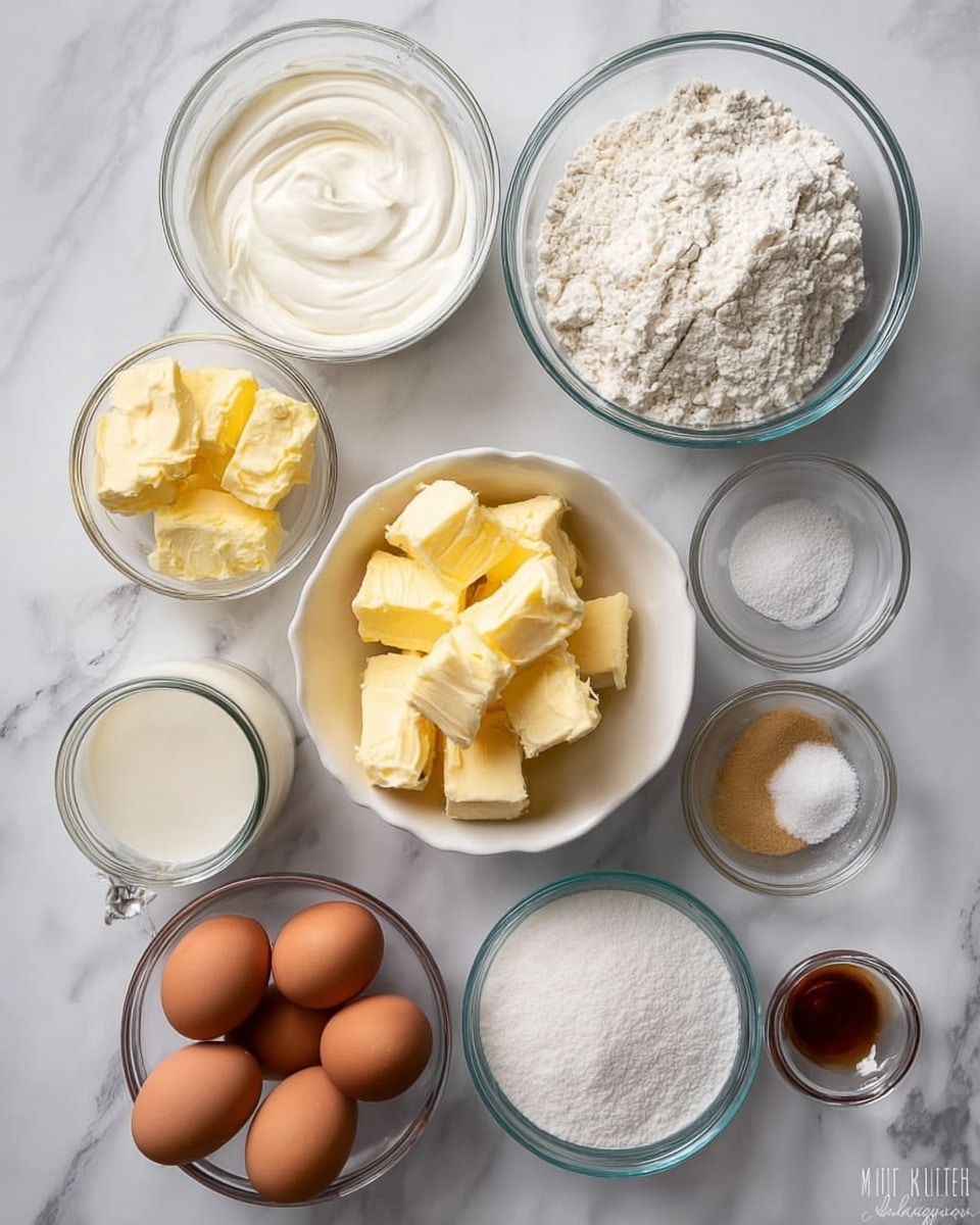 The image shows a white marbled surface with eleven bowls and containers arranged in a loose grid. There are two larger clear glass bowls, one filled with white cream on the top left and the other with white flour on the top right. In the center is a white bowl filled with several chunks of yellow butter. Next to it on the left is a smaller clear bowl of butter chunks, and below these, a clear jar with light cream. Towards the bottom left, six brown eggs are grouped together without a bowl. At the bottom center is a round clear bowl filled with white granulated sugar. To the right, closer to the edge, are three smaller bowls: one with beige vanilla extract, another with white powder, and the last one with crystal-like salt. The whole setting is clean and bright. Photo taken with an iphone --ar 4:5 --v 7