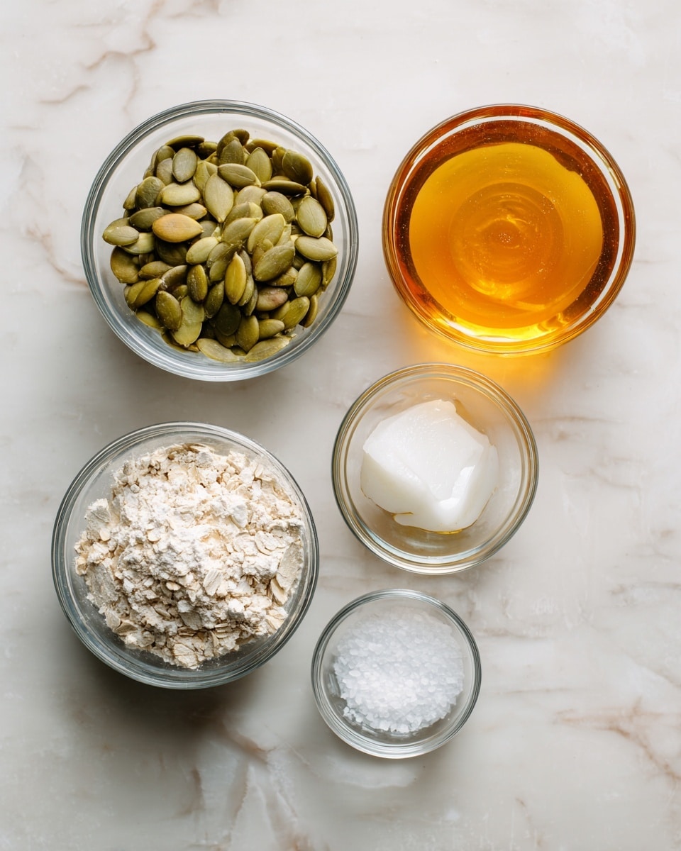 The image shows five clear glass bowls arranged on a white marbled surface. In the top left, a bowl is full of light green pumpkin seeds with a smooth texture. To the right of it, there is a bowl with golden honey that looks thick and shiny. Below the honey, a smaller bowl contains white coconut oil with a soft, creamy texture. Below the pumpkin seeds, a bowl is filled with light beige oat flour that looks powdery and soft. The smallest bowl, placed to the right of the oat flour and below the coconut oil, holds a small amount of white salt. Each bowl is labeled with black text on white tags placed near them. photo taken with an iphone --ar 4:5 --v 7
