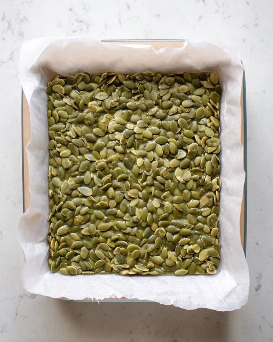 The image shows a square glass baking dish lined with white parchment paper that folds over the edges. Inside the dish, there is a single thick layer of green pumpkin seeds stuck together in a shiny, slightly sticky, and textured surface. The seeds are spread evenly within the dish, forming a solid rectangular block. The background is a white marbled surface. Photo taken with an iphone --ar 4:5 --v 7