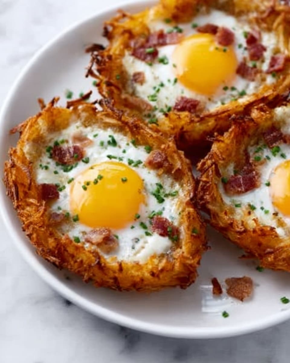 A white plate with three crispy potato nests, each made from golden-brown shredded potatoes formed into a round basket. Inside each nest is a bright sunny-side-up egg with a runny yellow yolk, sprinkled with small green herbs and tiny bits of red bacon. The edges of the potato nests are crunchy and slightly uneven, while the eggs are soft and smooth. The plate sits on a white marbled surface. photo taken with an iphone --ar 4:5 --v 7
