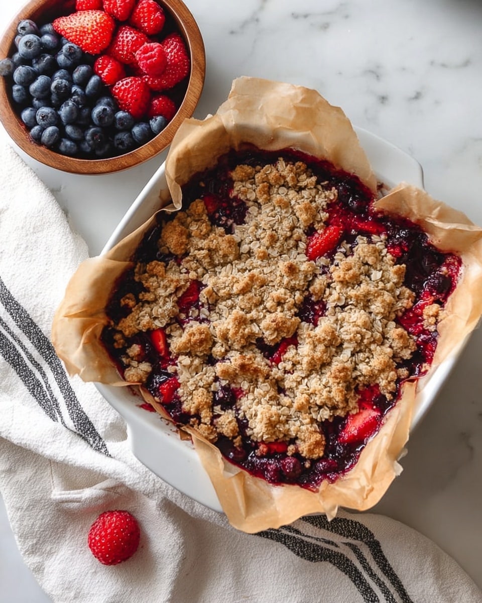 The image shows a slice of berry crumble bar on a white plate with ridged edges. The crumble bar has three visible layers: the bottom layer is a light golden crumbly crust, the middle layer is a thick mix of dark purple and bright red berries with a shiny, jam-like texture, and the top layer is a rough, crumbly topping in light golden brown, unevenly spread. The plate sits on a white marbled surface, with a wooden bowl of fresh raspberries and blueberries partially visible in the upper right corner. Photo taken with an iphone --ar 4:5 --v 7