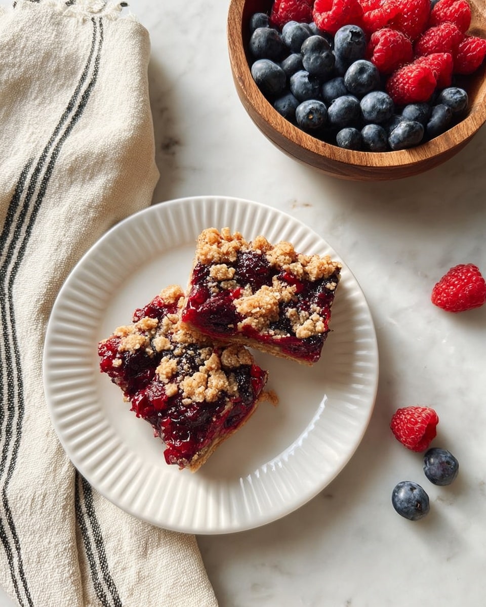 Two fruit bars sit on a white plate with raised ridges around the edge. Each bar has three layers: a light golden crust at the bottom, a thick middle layer full of mixed red and purple berries with a shiny texture, and a crumbly, oat-like topping scattered unevenly over the fruit. Next to the plate is a white marbled surface with a wooden bowl filled with fresh blueberries and raspberries, and a few berries scattered nearby. A cream-colored cloth with black stripes drapes partially into the frame. Photo taken with an iphone --ar 4:5 --v 7