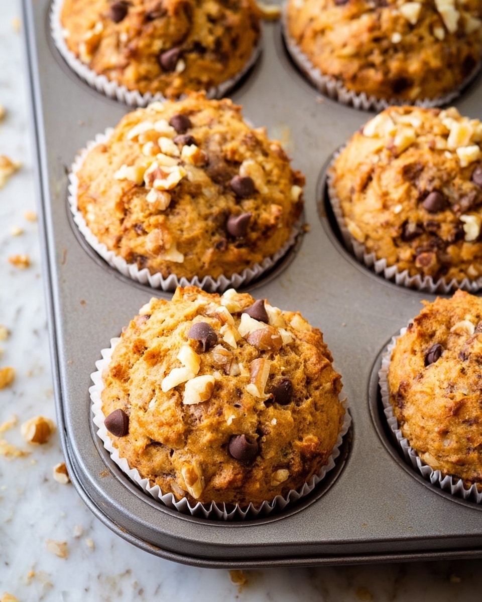 Close-up of several golden-brown muffins in a gray metal muffin tray with white paper liners, each muffin topped with scattered pieces of chopped walnuts and small dark chocolate chips. The muffins have a rough, bumpy texture with visible chunks inside, hinting at a moist interior. Small bits of walnuts and crumbs are around the tray. The background is a white marbled surface. photo taken with an iphone --ar 4:5 --v 7