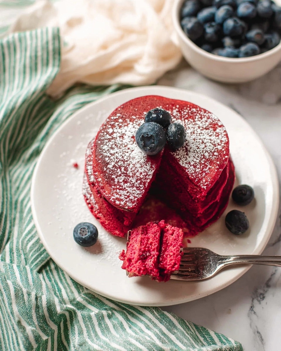 A stack of seven bright pink pancakes sits centered on a white plate. The pancakes are evenly layered, smooth in texture, and have a rich, vibrant pink color. Three blueberries rest on the plate near the base of the stack, adding a dark blue contrast. The plate is placed on a soft cream cloth and a blue-striped towel, all set on a white marbled surface. In the background, there is a blurry white mug and a white bowl filled with more blueberries, softly lit with natural light. photo taken with an iphone --ar 4:5 --v 7