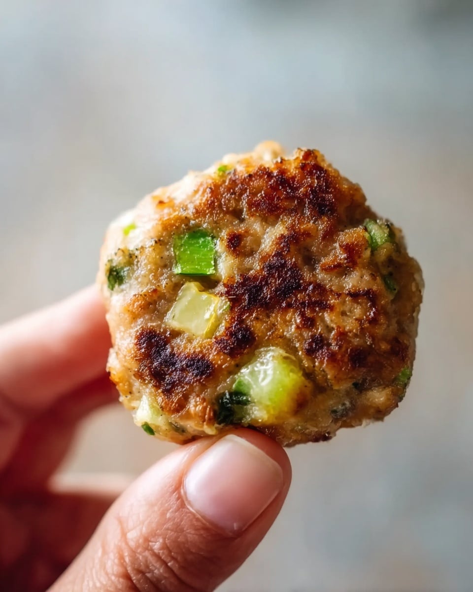 A close-up image of a small, round patty held between a woman's thumb and index finger. The patty has a golden-brown crust with darker brown spots indicating it was cooked on a hot surface. Inside the patty, small pieces of green vegetables and a cube of light yellow, melted cheese are visible, giving it a textured and slightly moist look. The background is blurred with a smooth, neutral tone, highlighting the patty in sharp focus. Photo taken with an iphone --ar 4:5 --v 7
