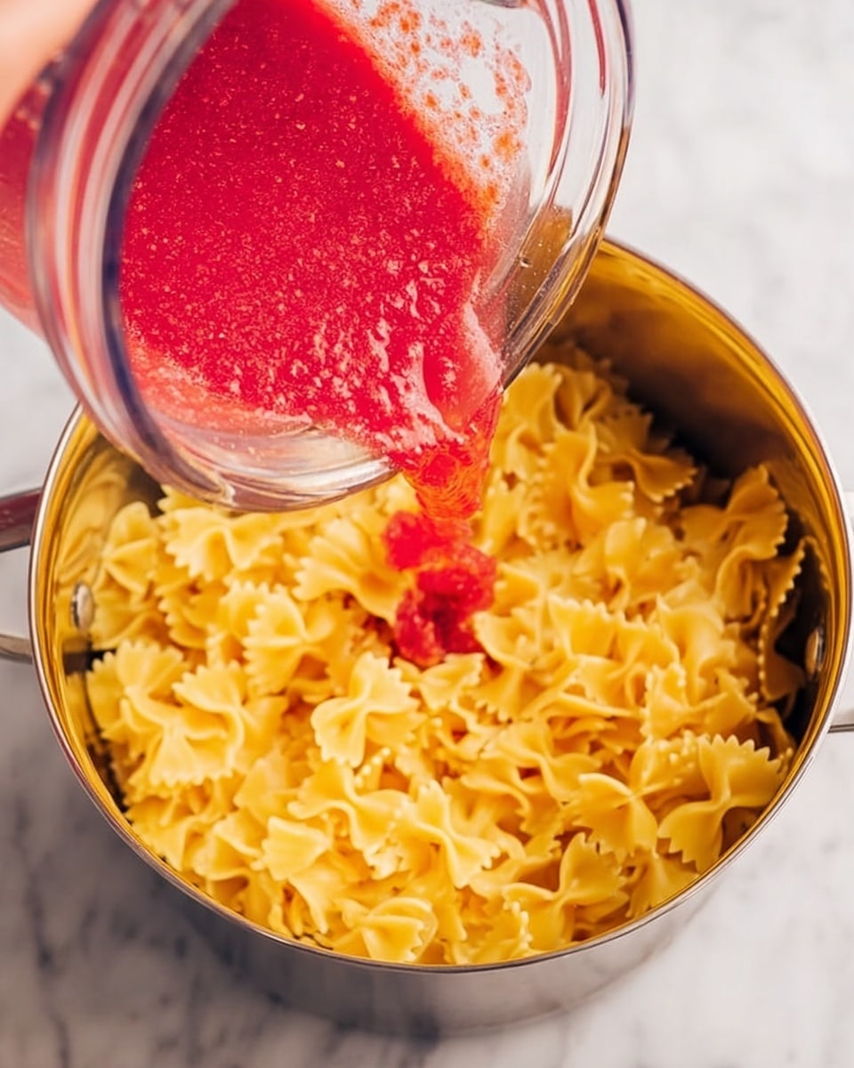 A close-up view of a shiny metal pot filled with cooked farfalle pasta, showing the yellow color and bow-tie shape of each piece. A woman's hand holds a blender jar pouring bright red sauce evenly over the pasta, with some sauce visible inside the blender. The pot is placed on a white marbled surface that adds a clean, fresh background to the scene. The photo is bright and clear with a natural light feel. photo taken with an iphone --ar 4:5 --v 7