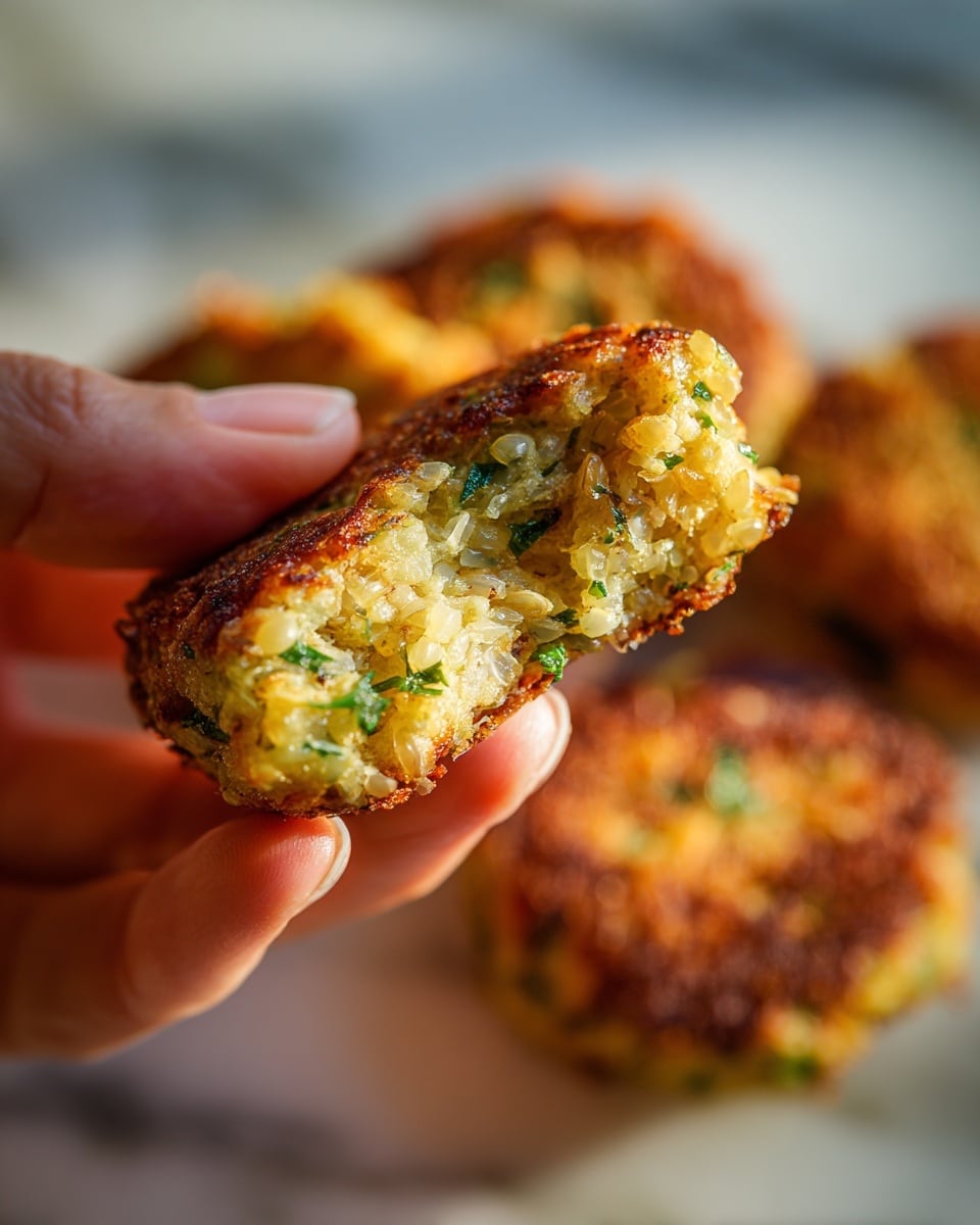 A close-up of a piece of golden brown, lightly crisped patty held between a woman's fingers, showing a soft, moist, and textured inside with small bits of herbs and grain visible. The patty piece is roughly round with an uneven edge. In the blurred background, more of the same patties can be seen resting on a white marbled surface. The lighting is natural and warm, highlighting the texture and colors of the patty. photo taken with an iphone --ar 4:5 --v 7
