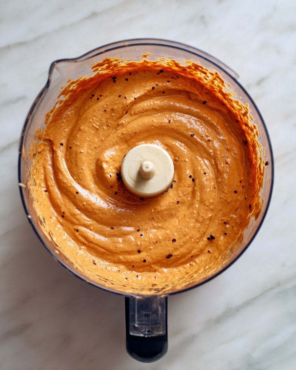 A top view of a clear food processor bowl filled with a smooth, thick, orange sauce that has small darker specks spread evenly throughout. The sauce has a creamy texture with gentle swirls on the surface. The bowl sits on a white marbled surface, and the center blade piece is visible poking slightly above the sauce. photo taken with an iphone --ar 4:5 --v 7