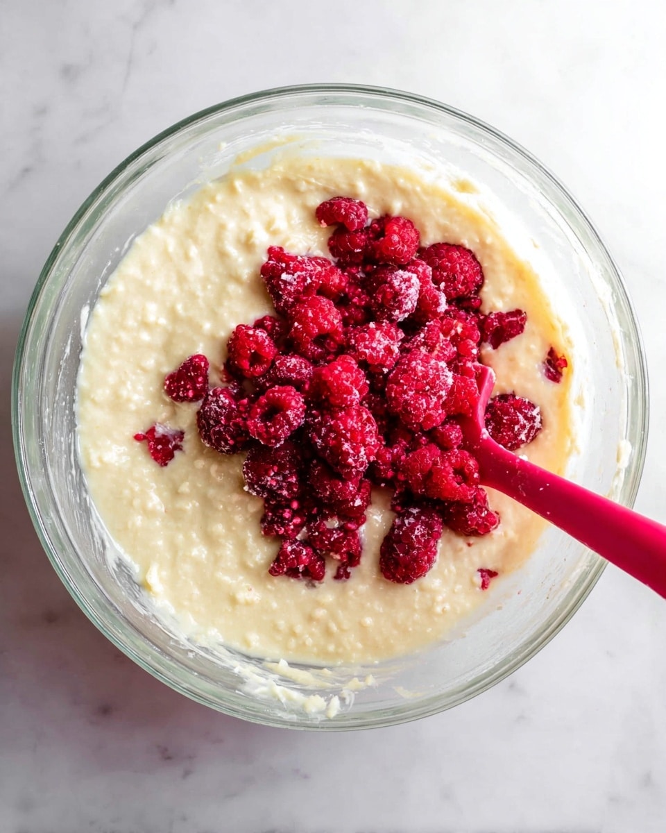 A clear glass mixing bowl sits on a white marbled surface, filled with a thick, creamy batter that has a pale yellow color and a slightly lumpy texture. On top of the batter is a generous pile of bright red frozen raspberries, some whole and some broken into smaller pieces, creating a contrast between the smooth batter and the rough, icy berries. A red silicone spatula is resting inside the bowl on the right side, partially submerged in the batter with some batter clinging to its edge. Photo taken with an iphone --ar 4:5 --v 7