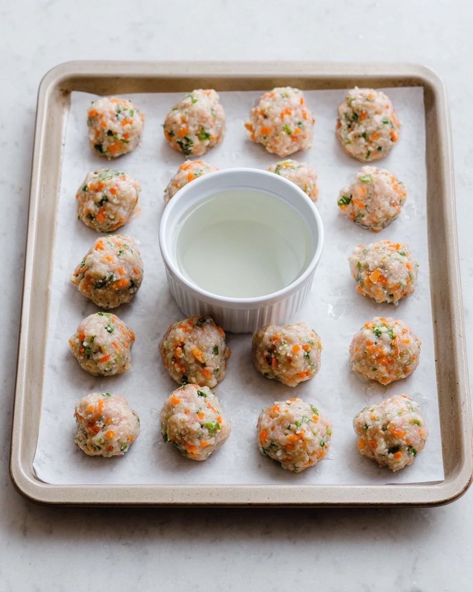 The image shows a baking tray lined with white parchment paper, holding 15 small, round meatballs arranged around a white ramekin filled with water in the center. Each meatball has a light pink base mixed with visible small pieces of orange carrot, green herbs, and white grains, giving them a textured, colorful look. The meatballs are evenly spaced in three rows, with the white ramekin breaking the pattern at the center of the tray. The tray rests on a white marbled surface. photo taken with an iphone --ar 4:5 --v 7