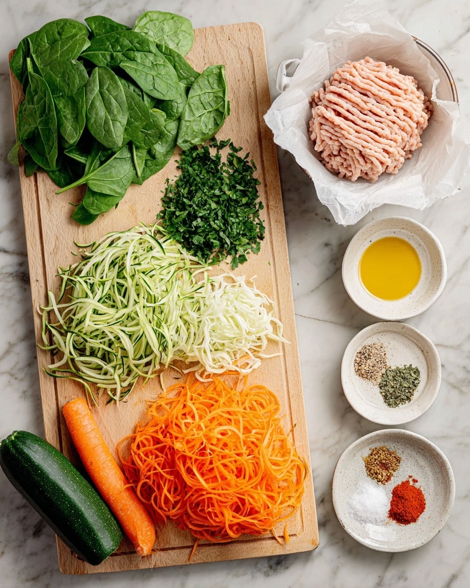 The image shows ingredients arranged for cooking, placed on a white marbled surface. On the left, a wooden board holds fresh green spinach leaves at the top, followed by chopped green herbs in the middle, shredded pale green zucchini just below, and bright orange shredded carrots at the bottom. Two whole carrots and a halved zucchini rest at the board's edge. To the right of the board, a white bowl lined with parchment paper contains light pink ground meat with a ribbed texture. Above and below the bowl are small white dishes holding a golden yellow liquid, salt, black pepper, and a mix of spices arranged on a ceramic plate, including red and beige powders and dried green herbs. The composition is neat and clean, with fresh ingredients ready for preparation. photo taken with an iphone --ar 4:5 --v 7