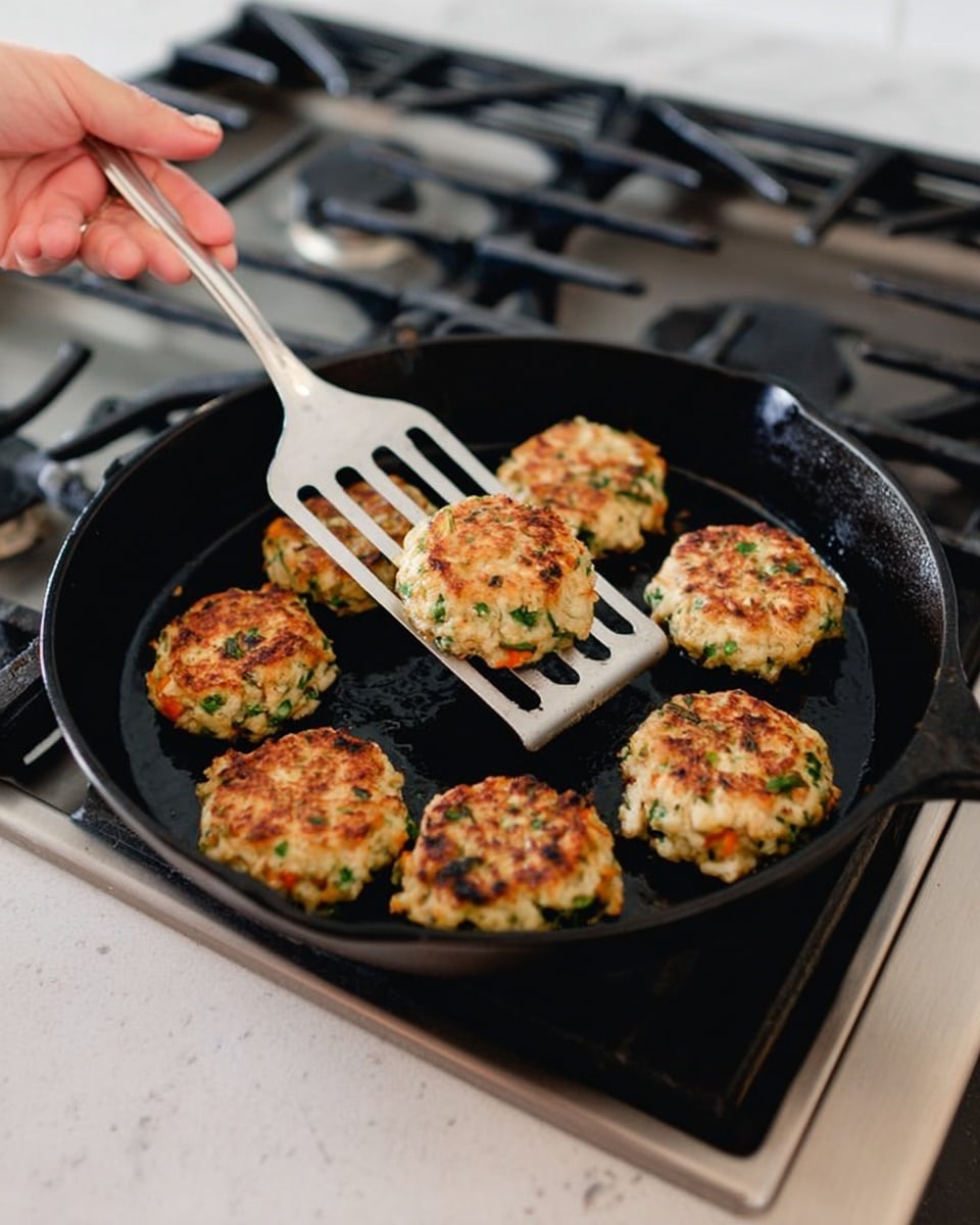 The image shows a black cast iron skillet on a white marbled stove top with nine small patties cooking inside. The patties are round, golden brown with green and orange specks from vegetables or herbs mixed in. A woman's hand is holding a silver metal spatula with long slots, lifting one patty slightly. The background and surrounding area include the stove's black and silver burners and a white marbled surface behind. The patties have a slightly crispy texture on top and softer insides. photo taken with an iphone --ar 4:5 --v 7