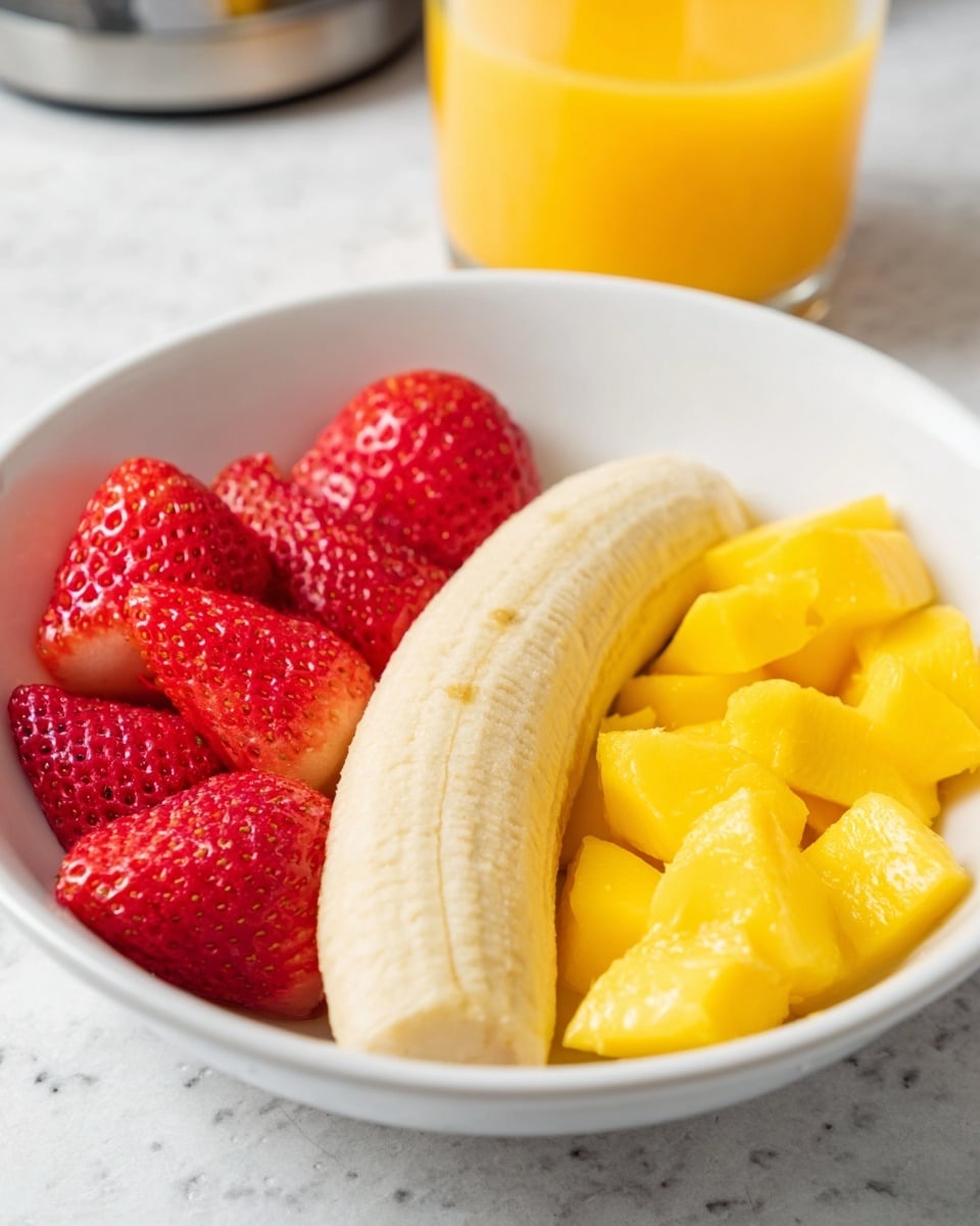 A white bowl on a white marbled surface holds three sections of fruit arranged side by side. On the left, there are bright red strawberries with a textured, slightly shiny surface. In the middle, a peeled banana is placed horizontally, showing its smooth, pale yellow skin with small brown spots. On the right, there are chunky yellow mango pieces with a soft, slightly rough texture. In the background, a glass of orange juice with a bright orange color sits slightly out of focus. photo taken with an iphone --ar 4:5 --v 7