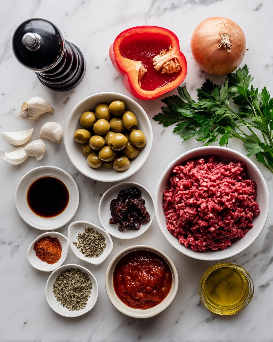 The image shows various ingredients for a recipe arranged neatly on a white marbled surface. In the top right, there is a white bowl filled with raw, ground beef that is deep red with some texture. Around it lie small white bowls, one filled with a vibrant red tomato sauce and another with bright green olives. A few cloves of pale garlic and a whole onion with a smooth tan skin are placed nearby. There is a halved red bell pepper showing its bright, shiny inner flesh and seeds. Small dishes hold spices: coarse black pepper, dark dried raisins, a reddish-orange powder, and a small heap of green oregano. Near the bottom are dark Worcestershire sauce in a small bowl and golden-yellow oil in another. Fresh, green parsley leaves sit at the top right. Everything rests on the white marble along with a black pepper grinder. photo taken with an iphone --ar 4:5 --v 7