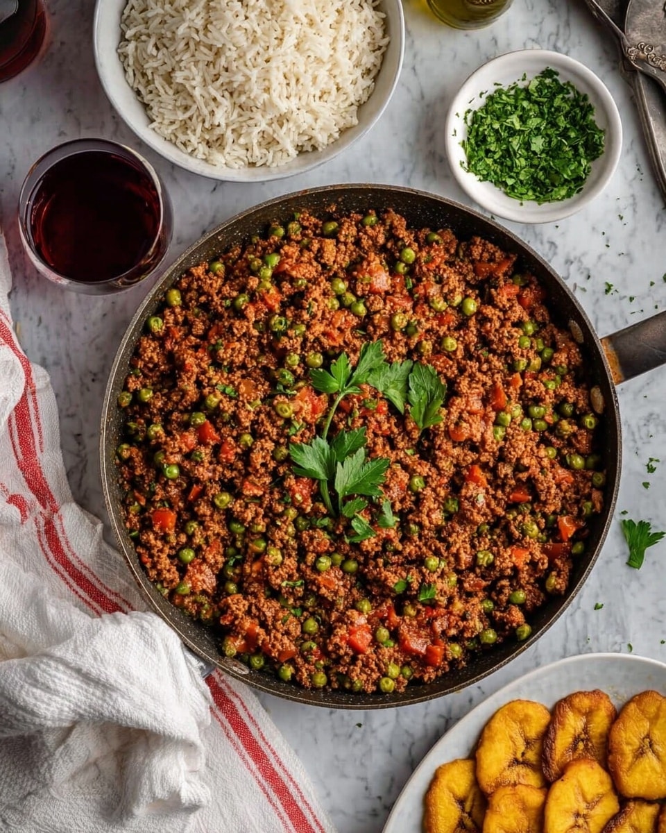 The image shows a pan filled with cooked ground meat mixed with green peas and small bits of red tomato, garnished with fresh green parsley leaves on top. The pan is placed on a white marbled surface. Around it, there is a white bowl filled with cooked white rice on the lower left side, a white plate with golden brown fried plantains on the upper right side, and a small bowl with finely chopped green herbs at the top. A glass of dark red liquid and some utensils are also visible on the left side, and a white cloth with red stripes partially covers the lower right side. Photo taken with an iphone --ar 4:5 --v 7