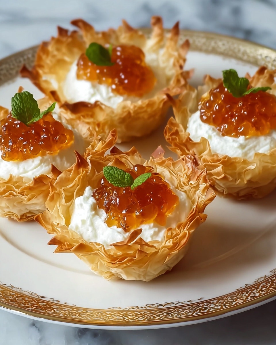 Four phyllo cups sit on a white plate with a gold patterned rim, each cup having crispy, golden, lacy edges that curve upwards. Inside each cup, there is a fluffy white cream layer topped with a glistening, translucent orange jam that looks thick and sticky. A small green mint leaf garnishes the center of the jam on every cup. The plate rests on a surface with a white marbled texture. photo taken with an iphone --ar 4:5 --v 7