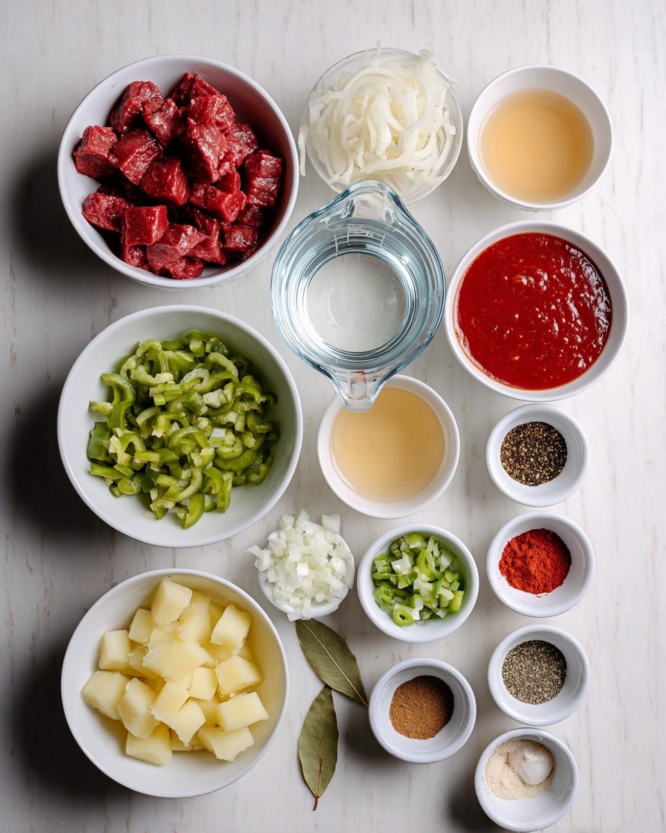 The image shows an overhead view of 11 small white bowls and one clear glass measuring cup arranged neatly on a white marbled texture. At the top left, a bowl is filled with raw diced red meat pieces, while to its right is a bowl of thick red sauce. Below the meat, the clear glass measuring cup holds water. Next to the water, there are two small white bowls one with a clear light liquid and another with a pale golden liquid. To the right of these, a bowl contains chopped green peppers, and beside that, a bowl has chopped white onions. Near the bottom, there is a bowl with light yellow potato chunks. Surrounding these are smaller white bowls with various spices, chopped garlic, bay leaves, and a mix of ground spices in different shades of red, brown, black, and white. The setup is clean and organized, capturing all ingredients ready for cooking. photo taken with an iphone --ar 4:5 --v 7