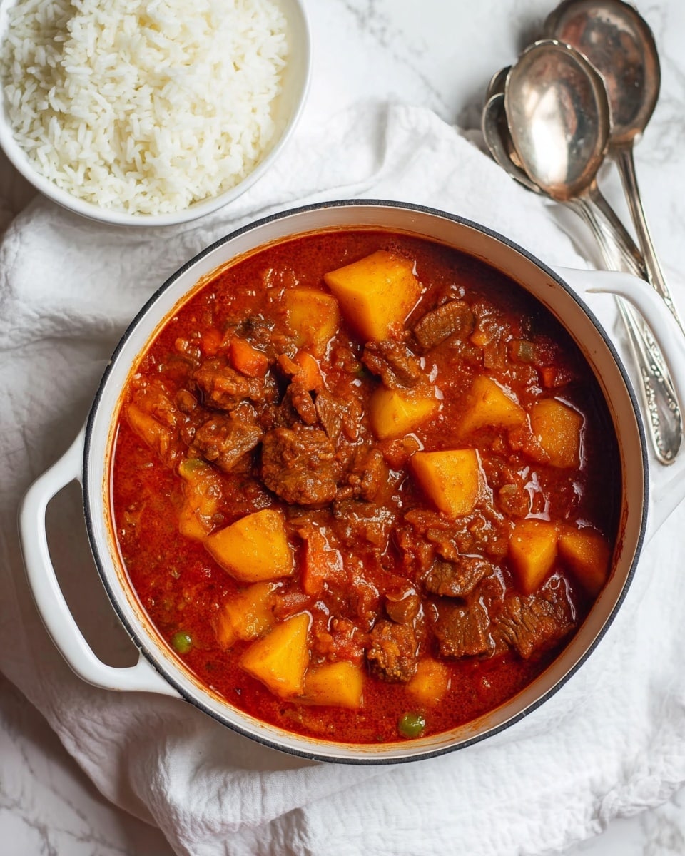A white pot filled with a thick stew with chunks of brown meat and large yellow potato pieces in a rich red tomato-based sauce. The stew shows small bits of green and softer orange vegetables mixed in. The pot sits on a plain white cloth on a white marbled surface. To the left, there is a white bowl filled with white rice, and on the right side, two shiny metal spoons rest on the surface. The lighting is soft and natural, highlighting the textures and warm colors of the stew. Photo taken with an iphone --ar 4:5 --v 7