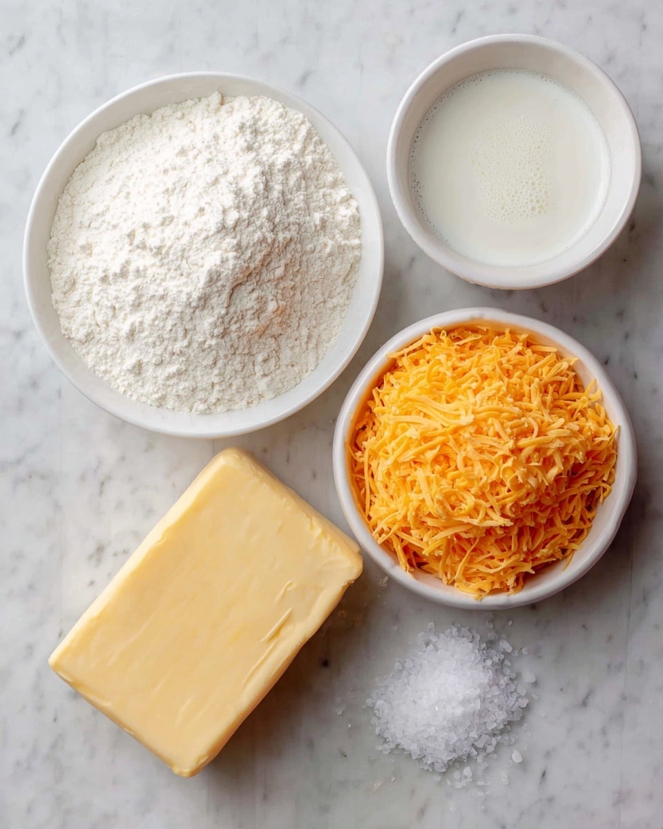 This image shows four main ingredients placed on a white marbled surface. There are three white bowls: one filled with a heap of white flour, another holding milk mixed with a bit of white powder on top, and a third bowl filled with a large amount of shredded orange cheese. Next to these bowls is a solid block of light yellow butter. A small pile of coarse salt grains is also visible on the marble surface near the butter. The items are neatly arranged with ample space between them. photo taken with an iphone --ar 4:5 --v 7