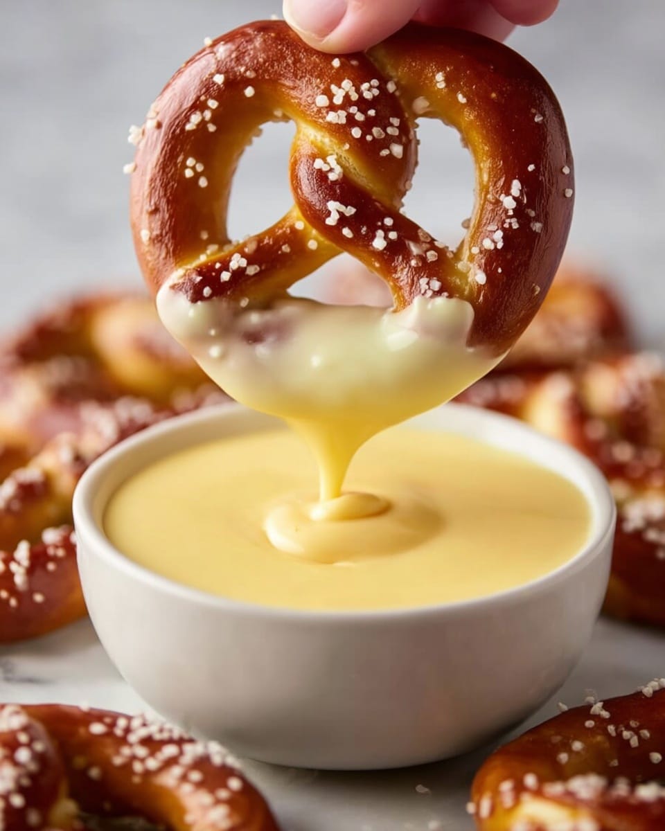 A close-up image shows a soft brown pretzel with coarse salt grains on its surface, being dipped by a woman's hand into a smooth, creamy light yellow cheese sauce in a white bowl. The pretzel is partially covered with the thick cheese sauce dripping slightly back into the bowl. The white bowl is placed on a white marbled surface with more pretzels scattered blurred in the background, creating a warm and inviting snack scene. Photo taken with an iphone --ar 4:5 --v 7