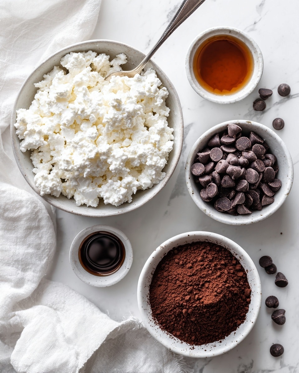 The image shows four small white bowls on a white marbled surface. The largest bowl, in the top left, is filled with lumpy white cottage cheese with a silver spoon resting inside. To the right, a smaller bowl holds dark brown chocolate chips, showing their smooth, rounded shapes. Below this, another white bowl is filled with fine, deep brown cocoa powder, with a slightly uneven surface. On the left side, a tiny bowl contains dark amber vanilla extract, almost like a small pool of liquid. A woman's hand is not visible, but a white cloth is casually draped in the bottom left corner. The scene is bright and clean, with natural light highlighting the textures. photo taken with an iphone --ar 4:5 --v 7