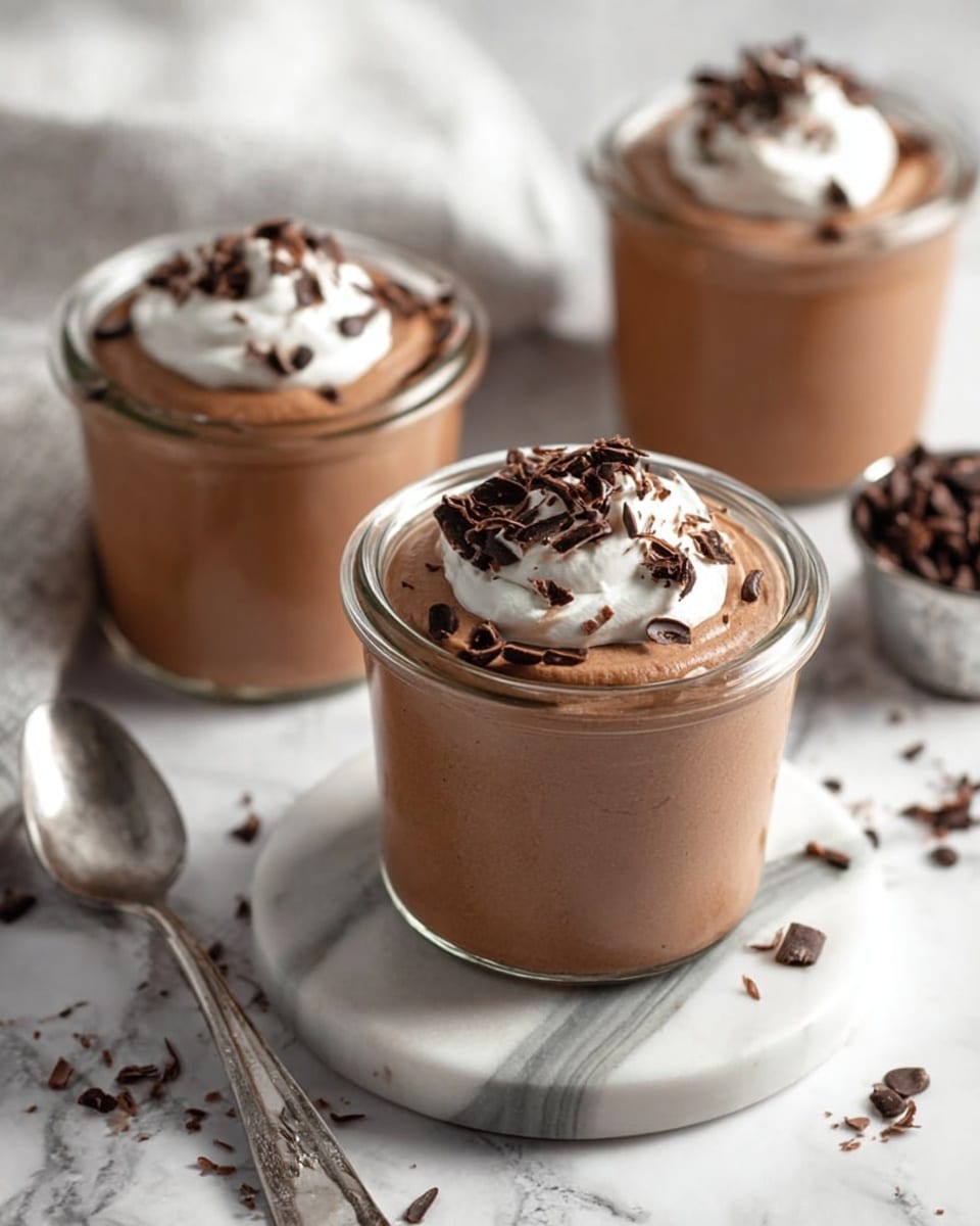 The image shows three glass jars filled with a creamy chocolate dessert. Each jar has two layers: a smooth, thick, light brown chocolate layer on the bottom and a white whipped cream layer on top. The whipped cream is topped with dark chocolate shavings that add texture and contrast. One jar has a scoop taken from it, showing the smooth inside. Around the jars, extra chocolate shavings are scattered on a white marbled surface. A spoon with some chocolate dessert on it lies next to the jars. photo taken with an iphone --ar 4:5 --v 7