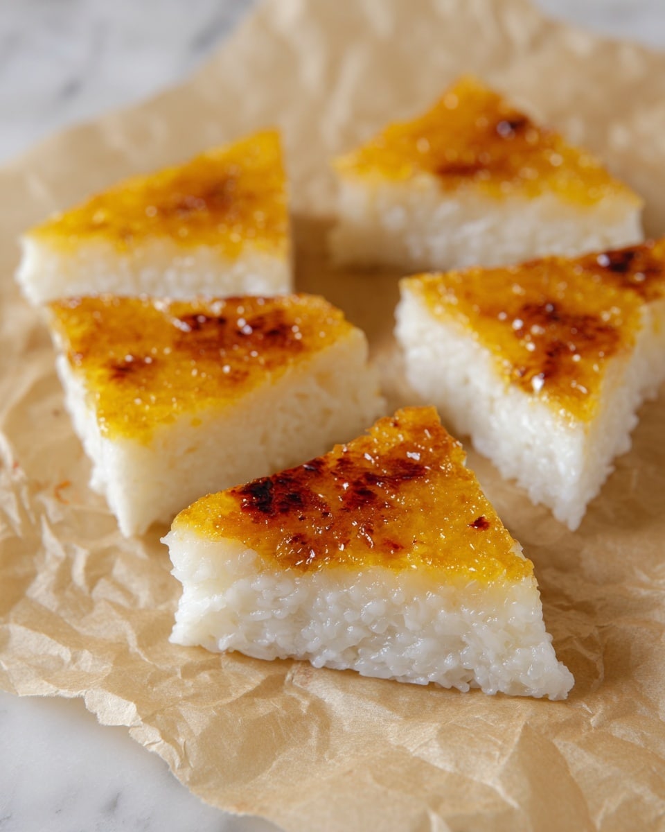 The image shows several small triangular slices of a white rice cake with a golden yellow top layer that looks slightly toasted and shiny. Each slice has two layers: the bottom thicker layer is white with a moist, grainy texture from the rice, and the top layer is a thinner, smooth, bright yellow crust. The slices are placed on a light brown parchment paper on top of a white marbled surface. The scene is softly lit, highlighting the moistness and texture of the rice cake, with the golden tops drawing attention. Photo taken with an iphone --ar 4:5 --v 7