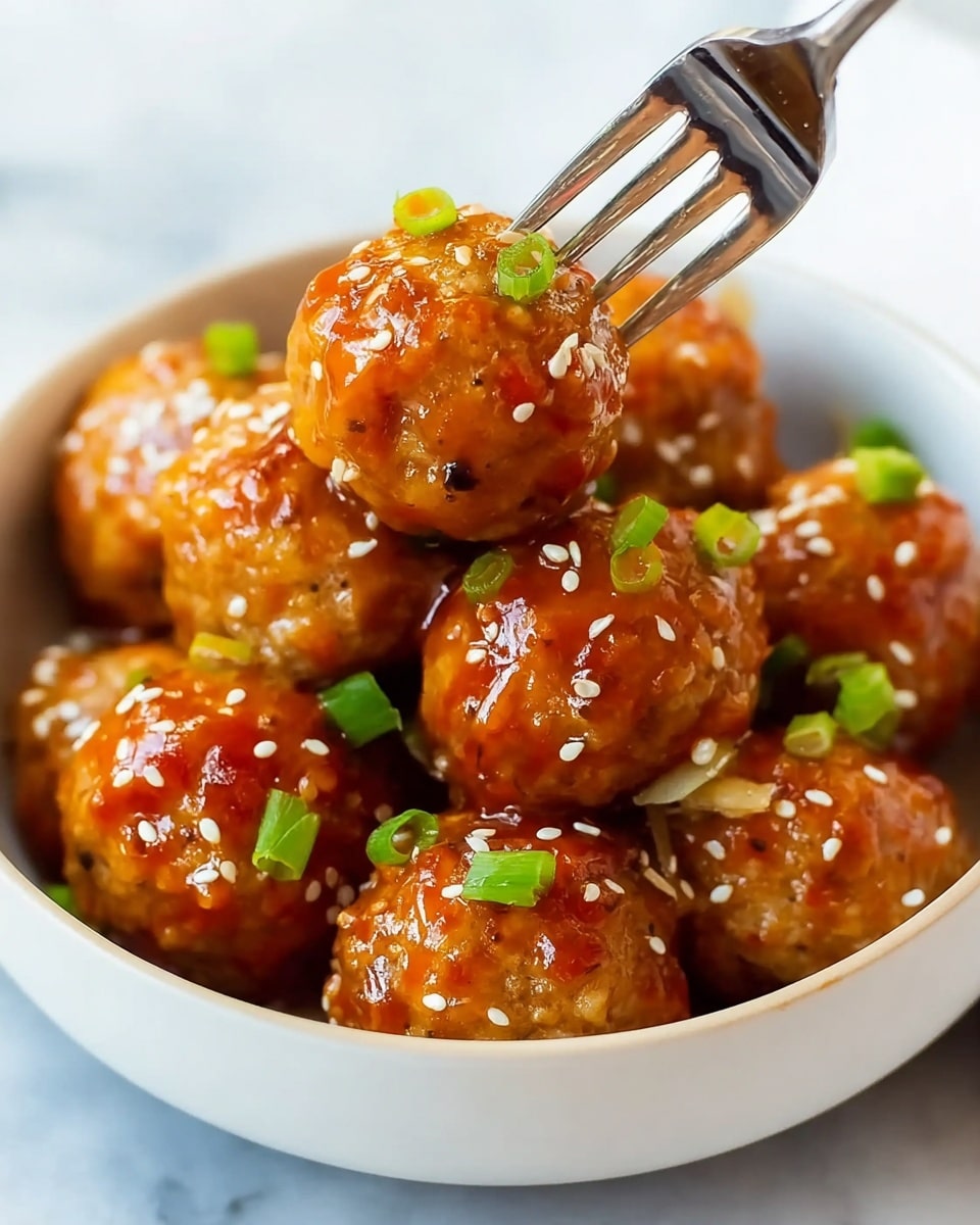 A white bowl filled with shiny, orange-colored meatballs covered in a thick sauce, sprinkled with small white sesame seeds and chopped green onions. The meatballs have a smooth texture with some translucent cooked onion slices mixed in. One meatball is held above the bowl by a silver fork, showing its round shape and glaze. The bowl sits on a white marbled surface. photo taken with an iphone --ar 4:5 --v 7