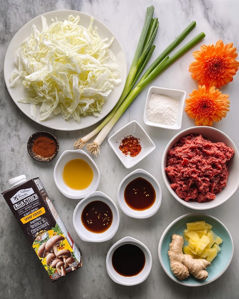 The image shows several ingredients arranged neatly on a white marbled surface. In the top left, a white plate is full of thinly sliced white cabbage. Below it, there are three green onions fanned out. To the right of the cabbage, there is a small brown bowl with white powder, next to it a small white square dish holding a golden liquid. Below those, four small white bowls hold a thick dark brown sauce, a thinner dark sauce, light brown sugar, and red chili flakes, arranged horizontally in two rows. In the bottom right corner, a white bowl is filled with raw red ground beef. Nearby, a small piece of fresh ginger and a small white plate with grated yellow ginger are placed. To the left of the beef bowl is a carton of beef cooking stock standing upright with a colorful label showing mushrooms and beef. Near the top right are two bright orange flowers placed as decoration. The photo was taken with an iphone --ar 4:5 --v 7