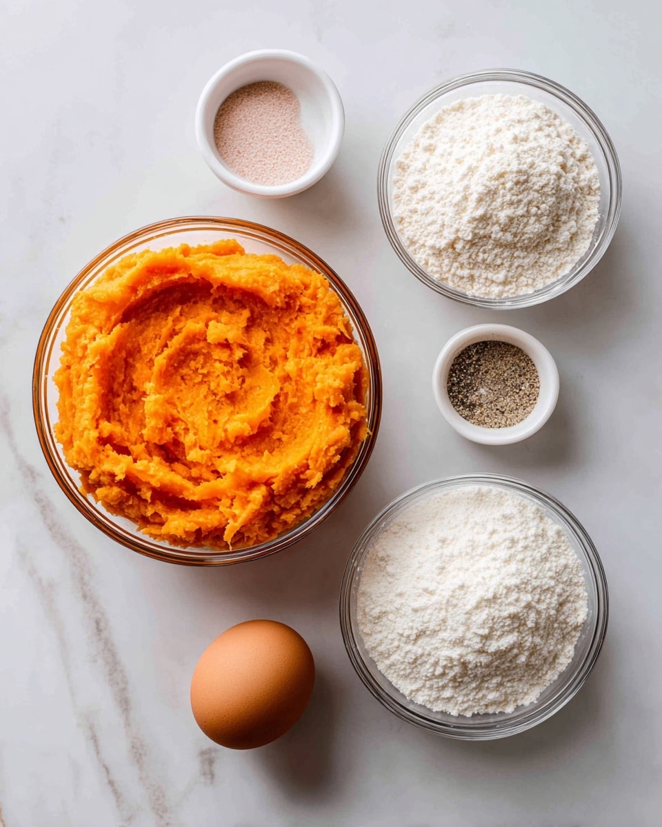 The image shows a flat white marbled surface holding five clear glass bowls and one plain brown egg. The largest bowl at the top center contains bright orange mashed sweet potato with a smooth, creamy texture. To the right, a slightly smaller bowl is filled with white cassava flour that looks powdery and soft. Below that, another small bowl holds white tapioca flour, also powdery and fine. On the left, a small white bowl is divided into three sections with light pink salt, pale beige garlic powder, and black pepper, each with a grainy or powdered texture. An unbroken brown egg with a smooth shell is placed near the bottom left. All items are spaced evenly on the white marbled surface. Photo taken with an iphone --ar 4:5 --v 7