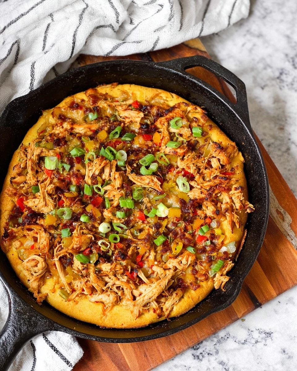 A cast iron pan holds a single layer of golden, thick pizza crust as the base, topped with a mix of shredded cooked chicken, sautéed onions, and bell peppers in red, yellow, and green colors spread evenly across the surface. Small pieces of green onions are sprinkled on top, adding bright green highlights against the warm tones of the chicken and vegetables. The pizza sits on a wooden board, placed on a white marbled texture surface, with a striped white and gray cloth in the background. photo taken with an iphone --ar 4:5 --v 7